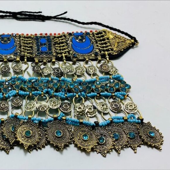 Turquoise Choker Necklace, Tribal Kuchi Afghan Choker With Turquoise Glass Stone - Picture 12 of 12
